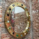 Modern Circular Mirror with Brass Frame and Semi-Precious Stone