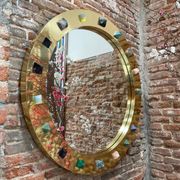 Modern Circular Mirror with Brass Frame and Semi-Precious Stone