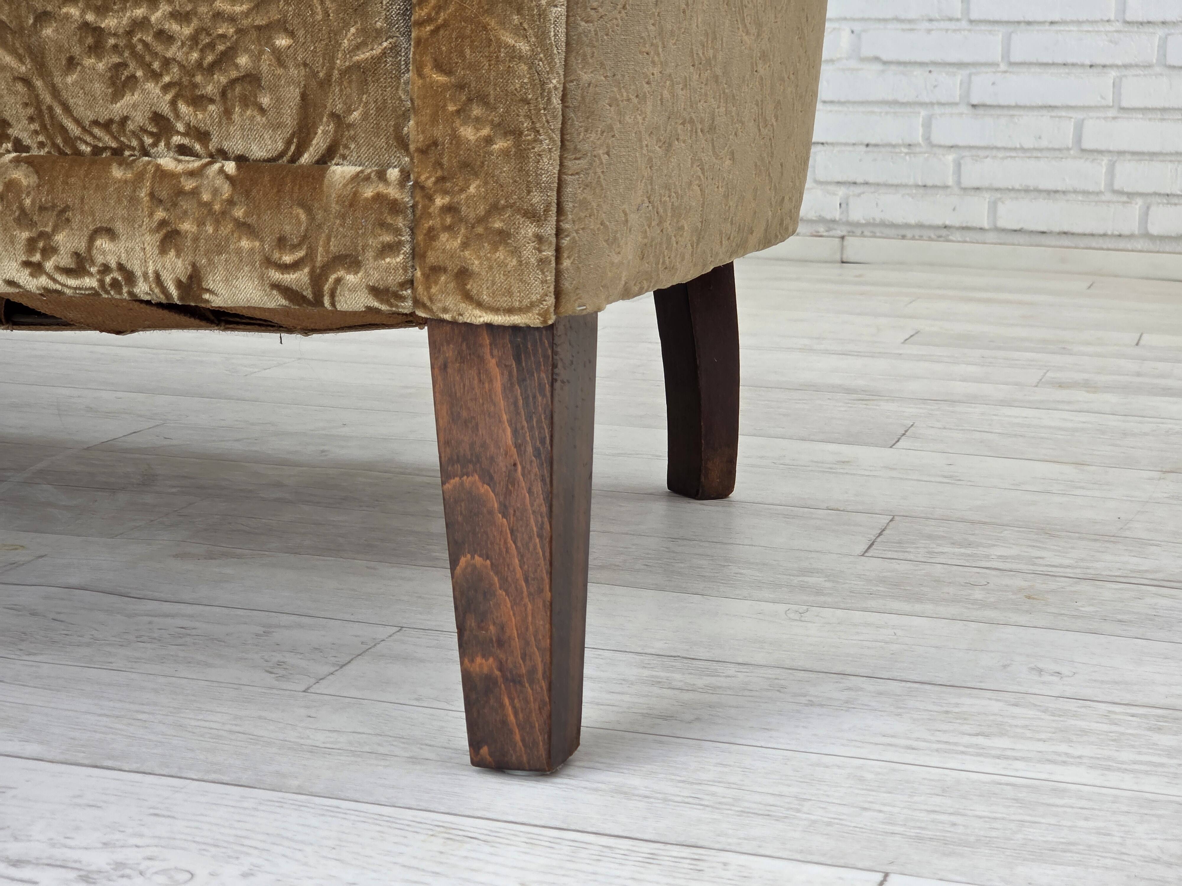 1960s, 3-seater Danish sofa, green furniture velour, ash wood legs.