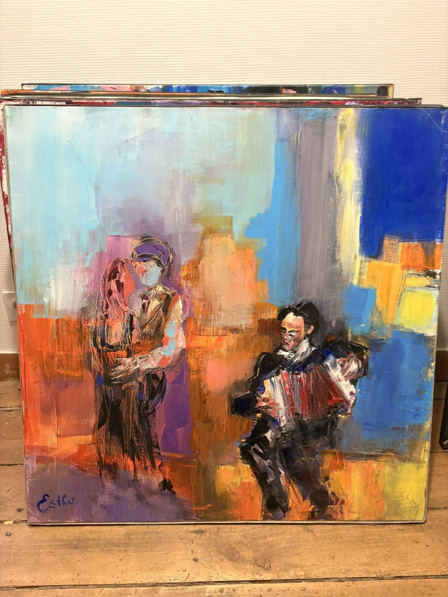 Oil Painting Canvas Deloison Musician Accordion Couple Dancing