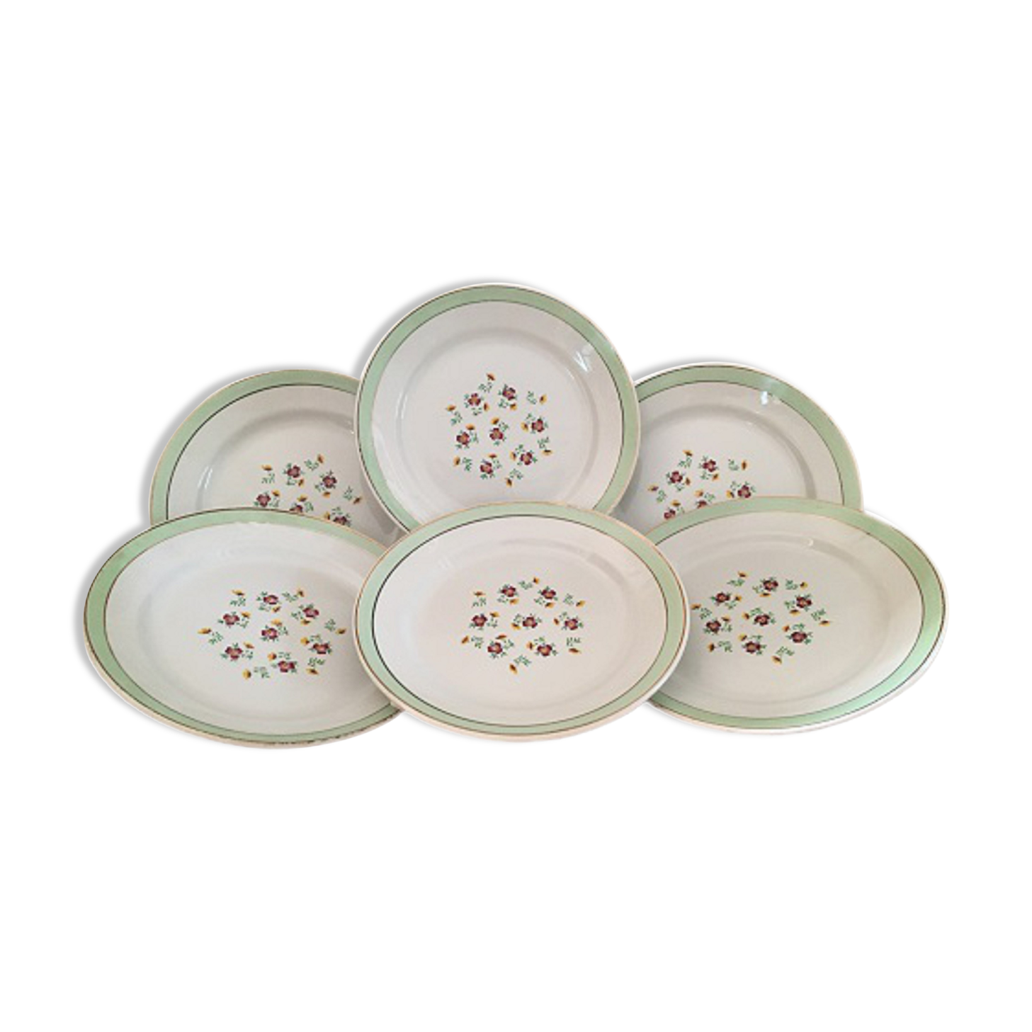 Set of 6 Flat Porcelain Plates Signed "Lunéville"