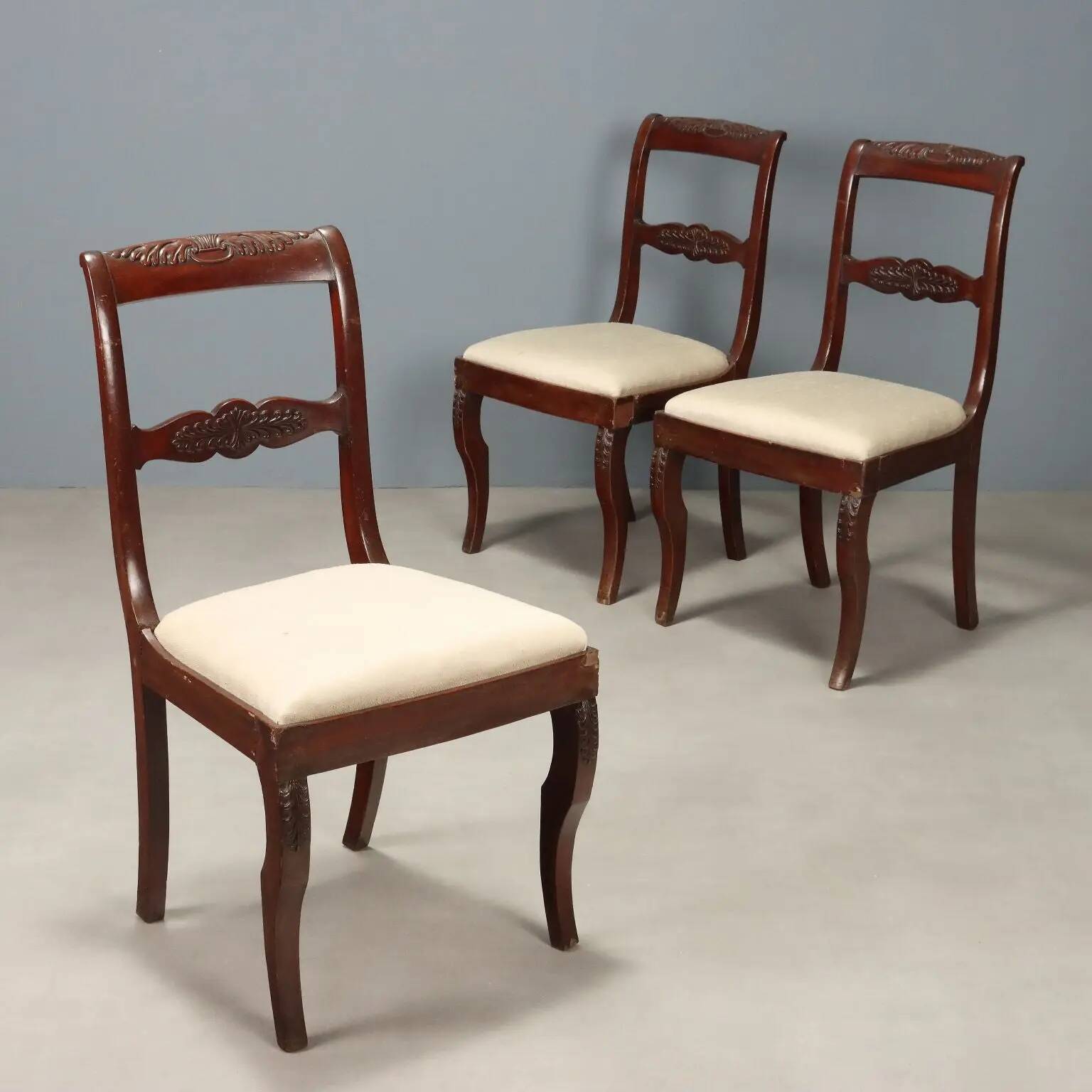 Antique Charles X chairs in mahogany and fabric, France, 19th century