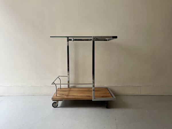 desserte bar vintage en acier chromé et verre par Howard Miller vers 1970