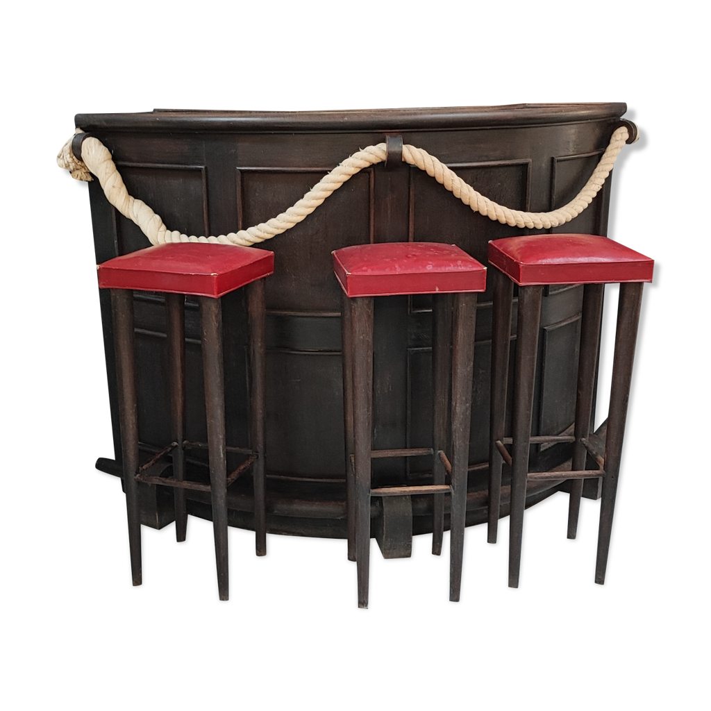 Bar En Chêne Massif Avec 3 Tabourets - Idéal Intérieur Ou Barbecue - Occasion En Bon état