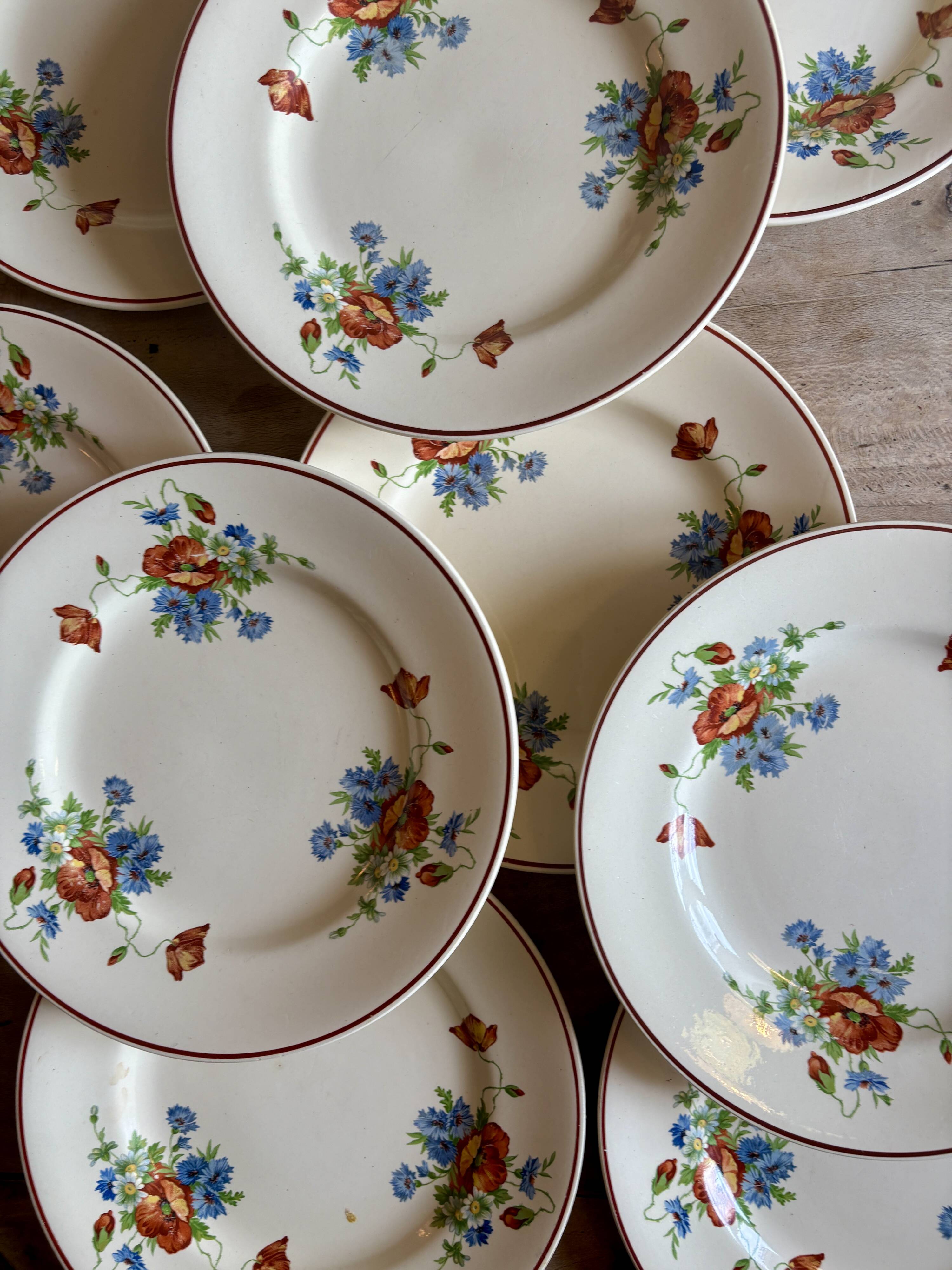 Set of 12 old flat plates with flower decorations - Salins