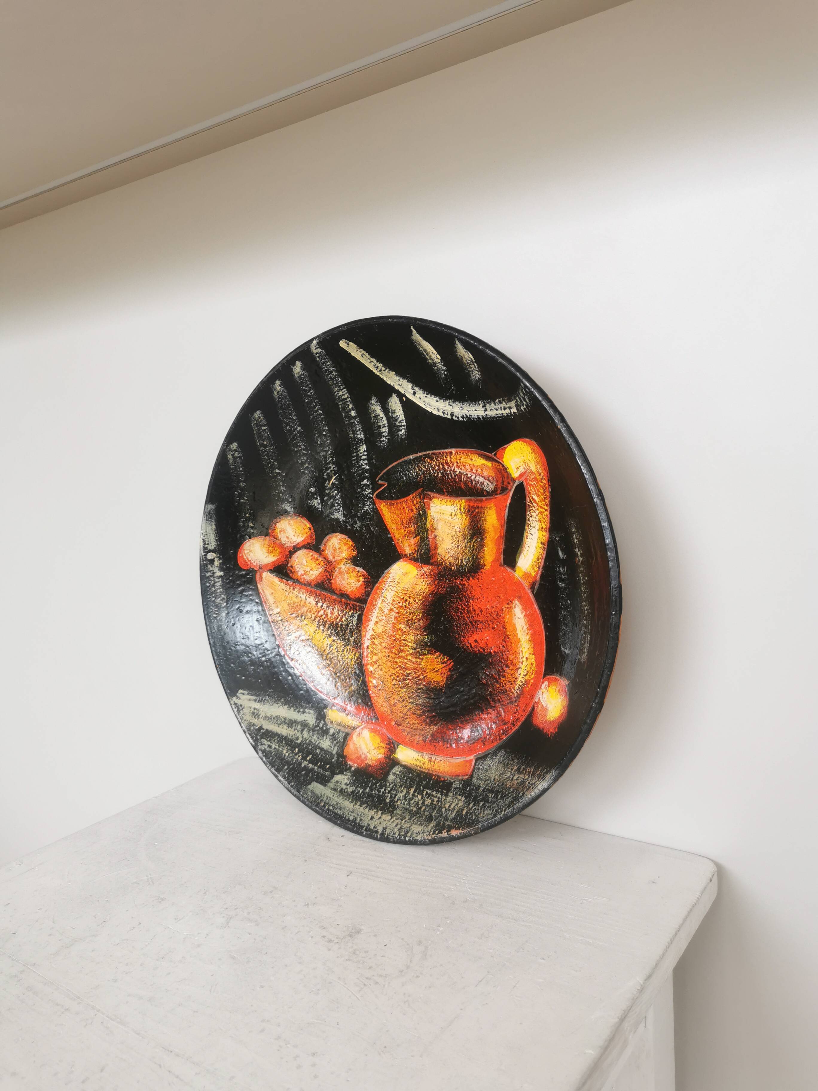 Vintage Hand-Painted Clay Wall Plate: 1970s Yugoslavia Still Life Decor