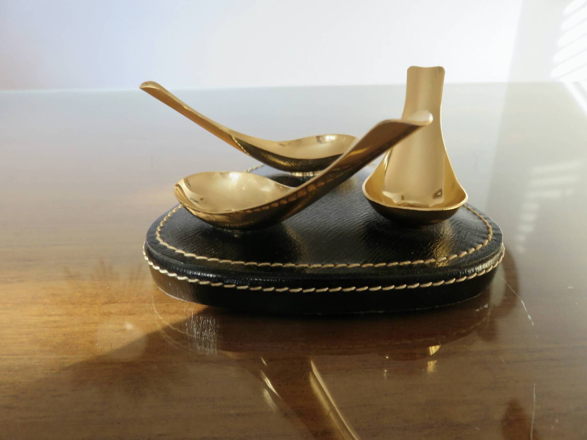 Black leather piped pipe holder with brass, Tremblay edition, Paris