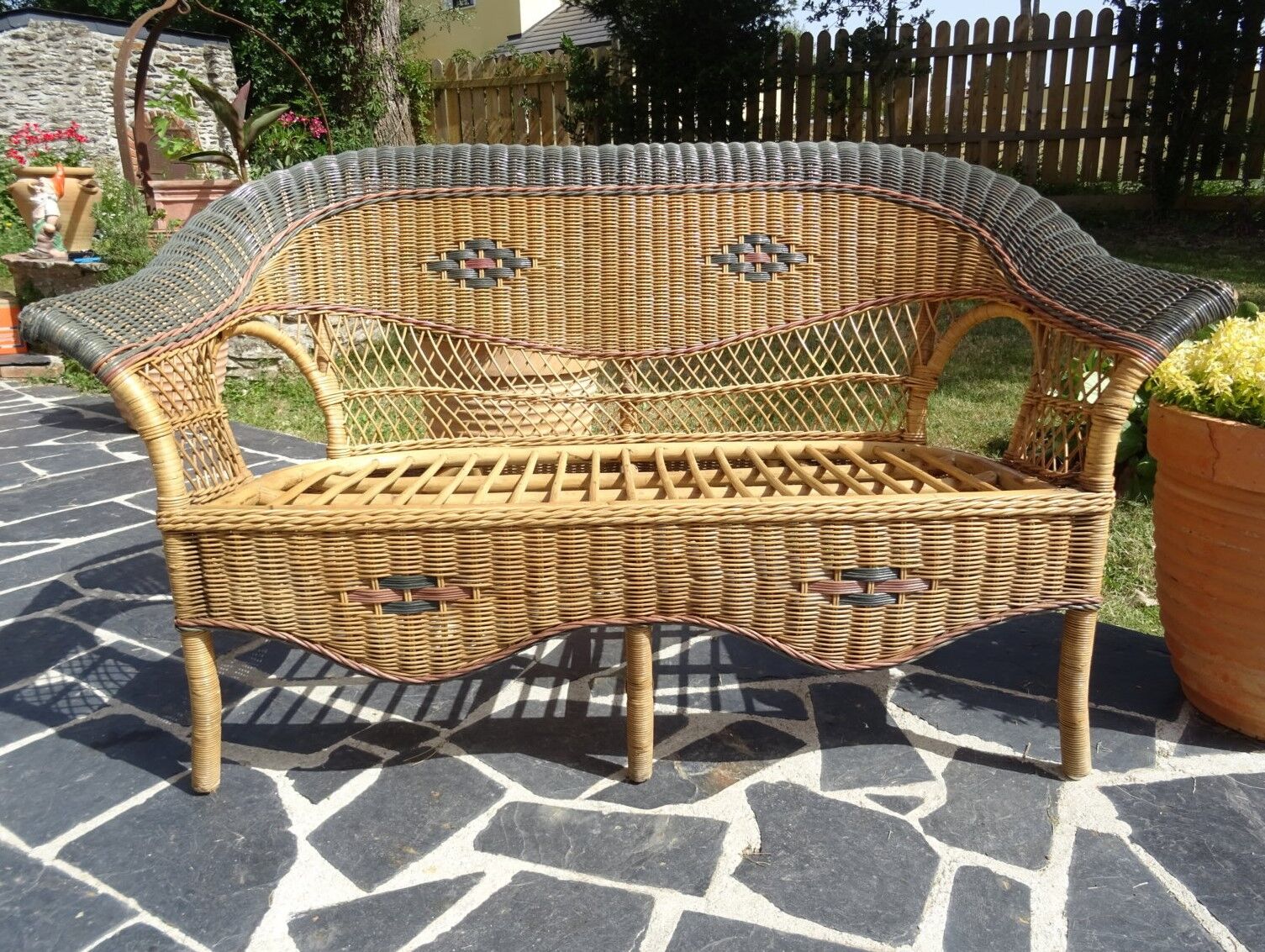 Vintage rattan lounge: one bench, two armchairs