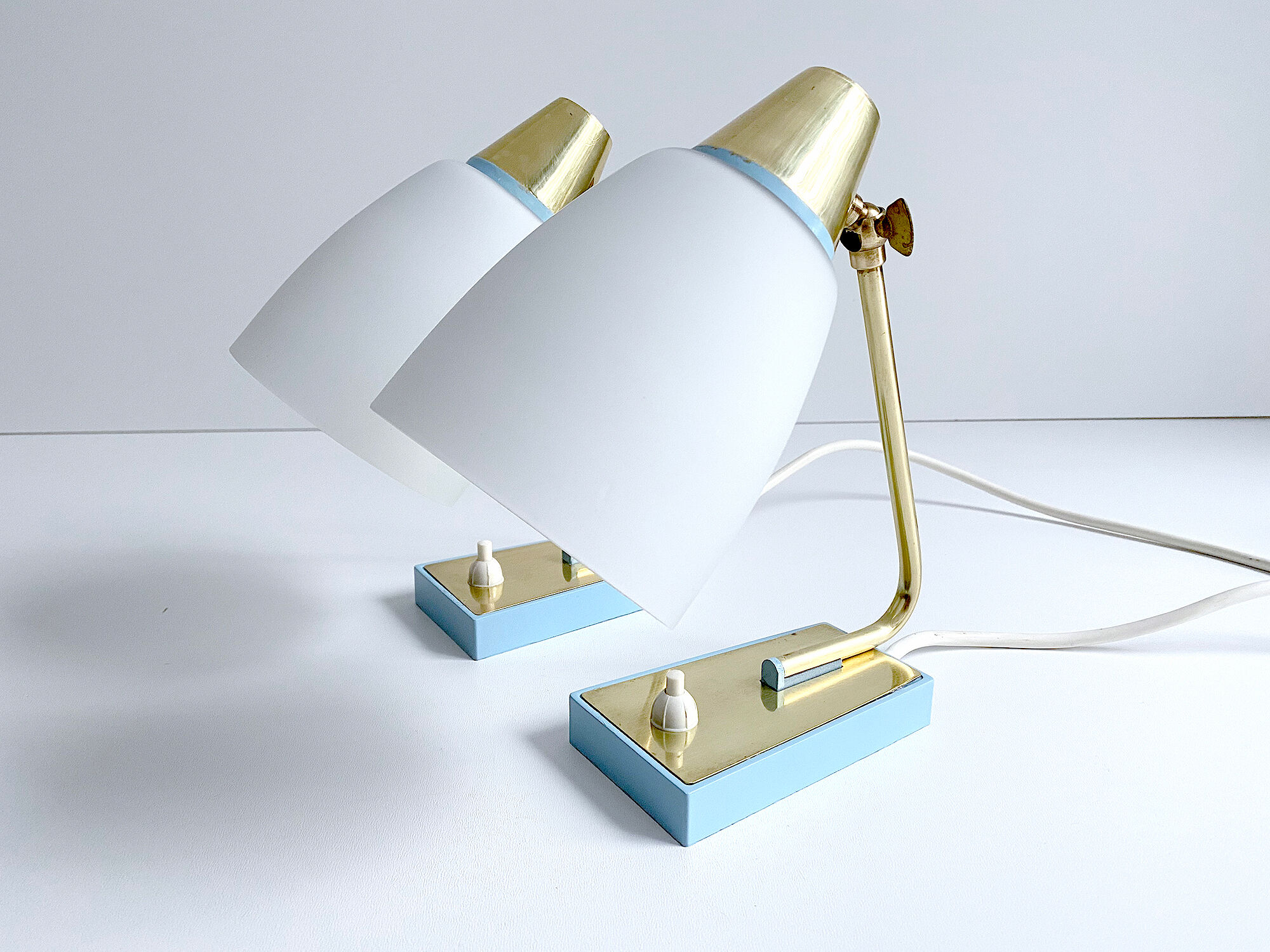 Pair of vintage table or bedside lamps, brass and glass, 50s 60s