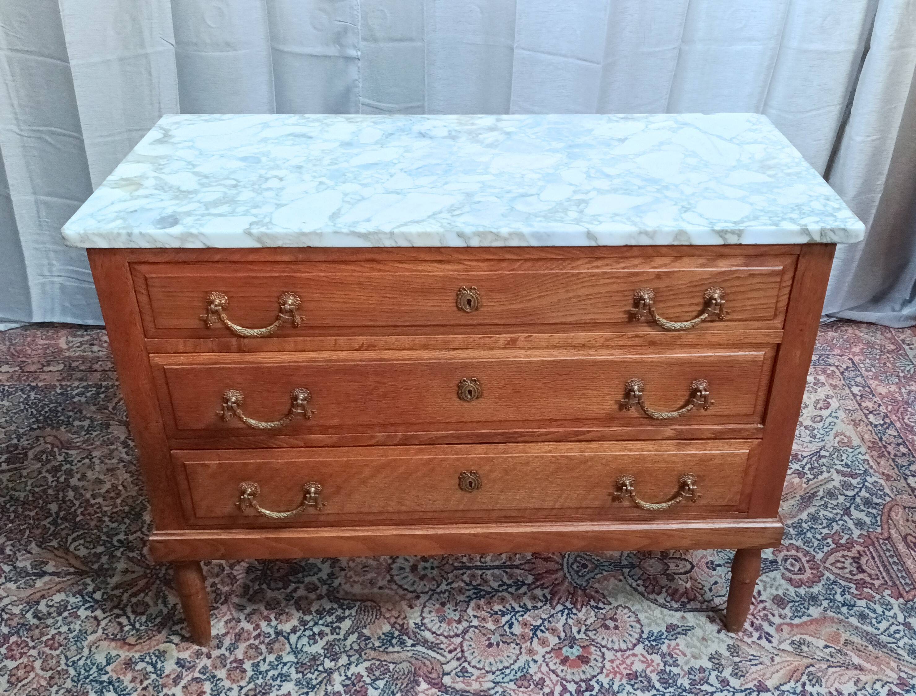Louis XVI style chest of drawers in oak and marble top