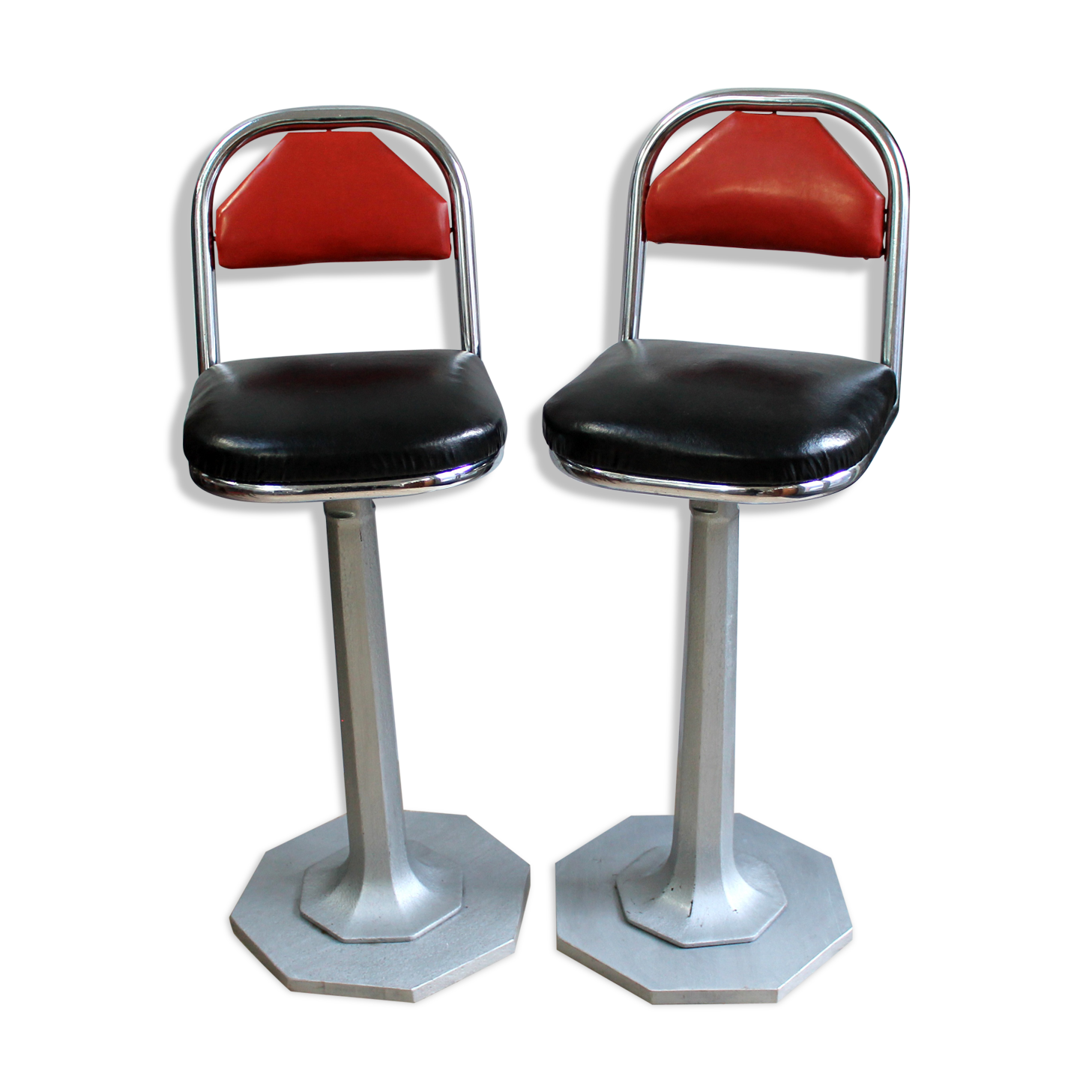 Vintage chrome metal bar stools wood and black and Red skai