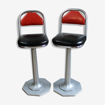 Tabourets de bar vintage en métal chromé bois et skaï rouge et noir