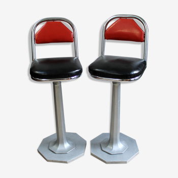 Vintage chrome metal bar stools wood and black and Red skai