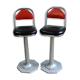 Vintage chrome metal bar stools wood and black and Red skai