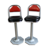 Vintage chrome metal bar stools wood and black and Red skai