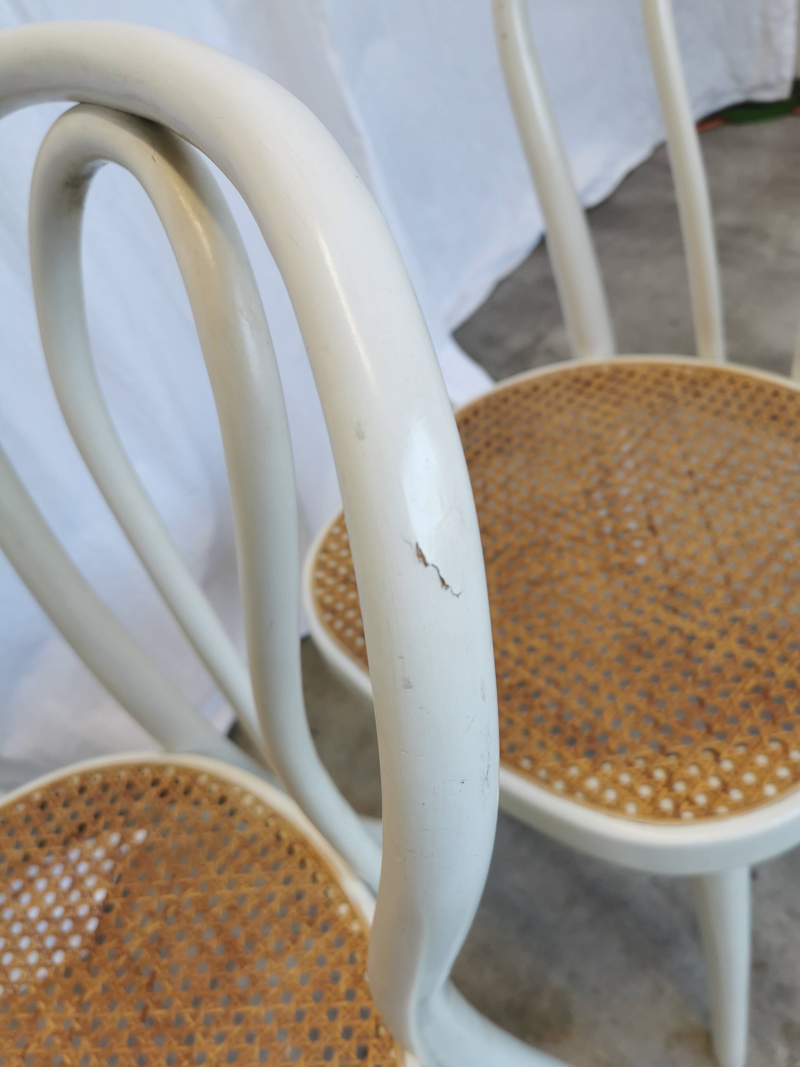 Set of 4 Vintage Thonet Style Dining Chairs: White Wood & Cane
