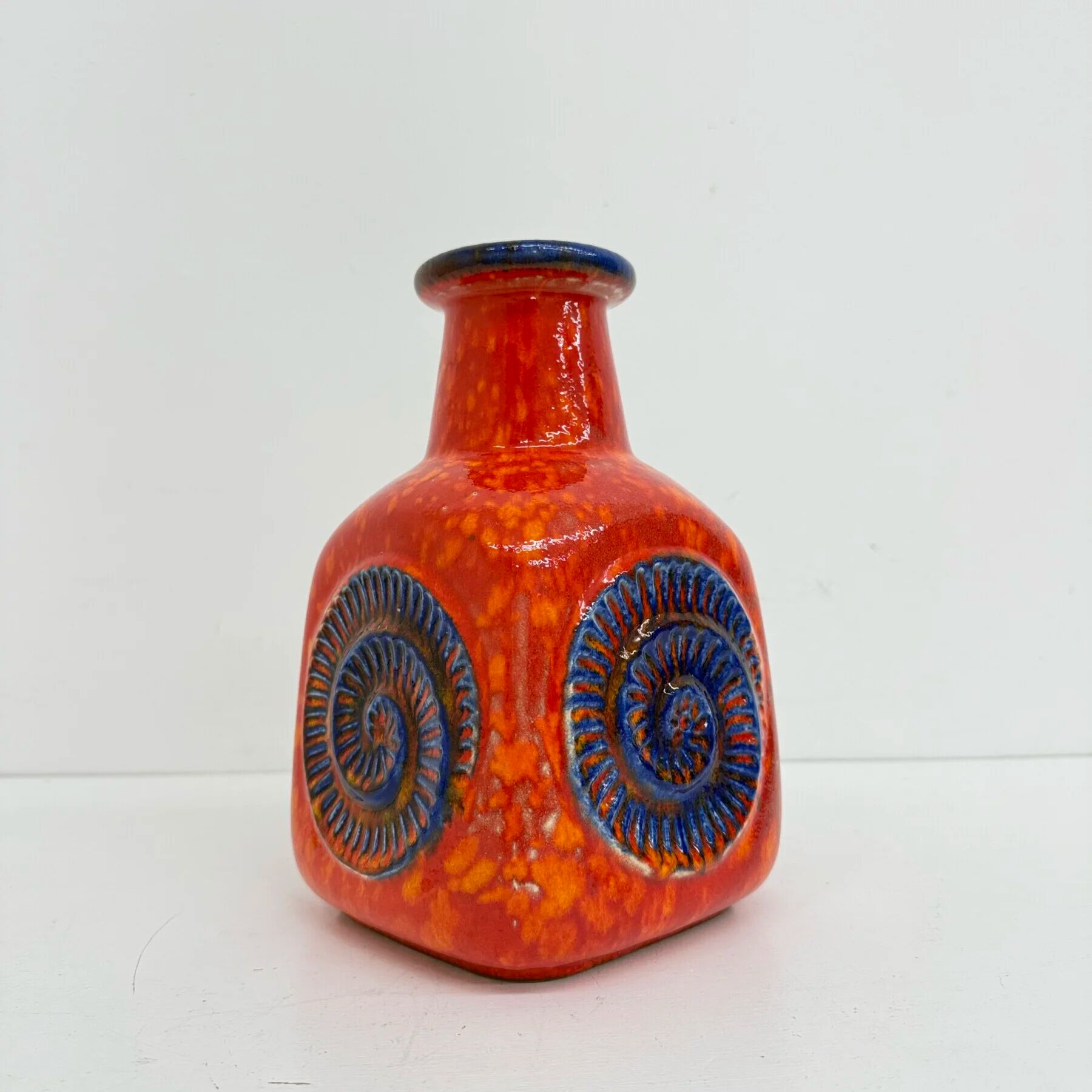 Scheurich West Germany Bay ceramic vase orange with blue fossils, 1970s