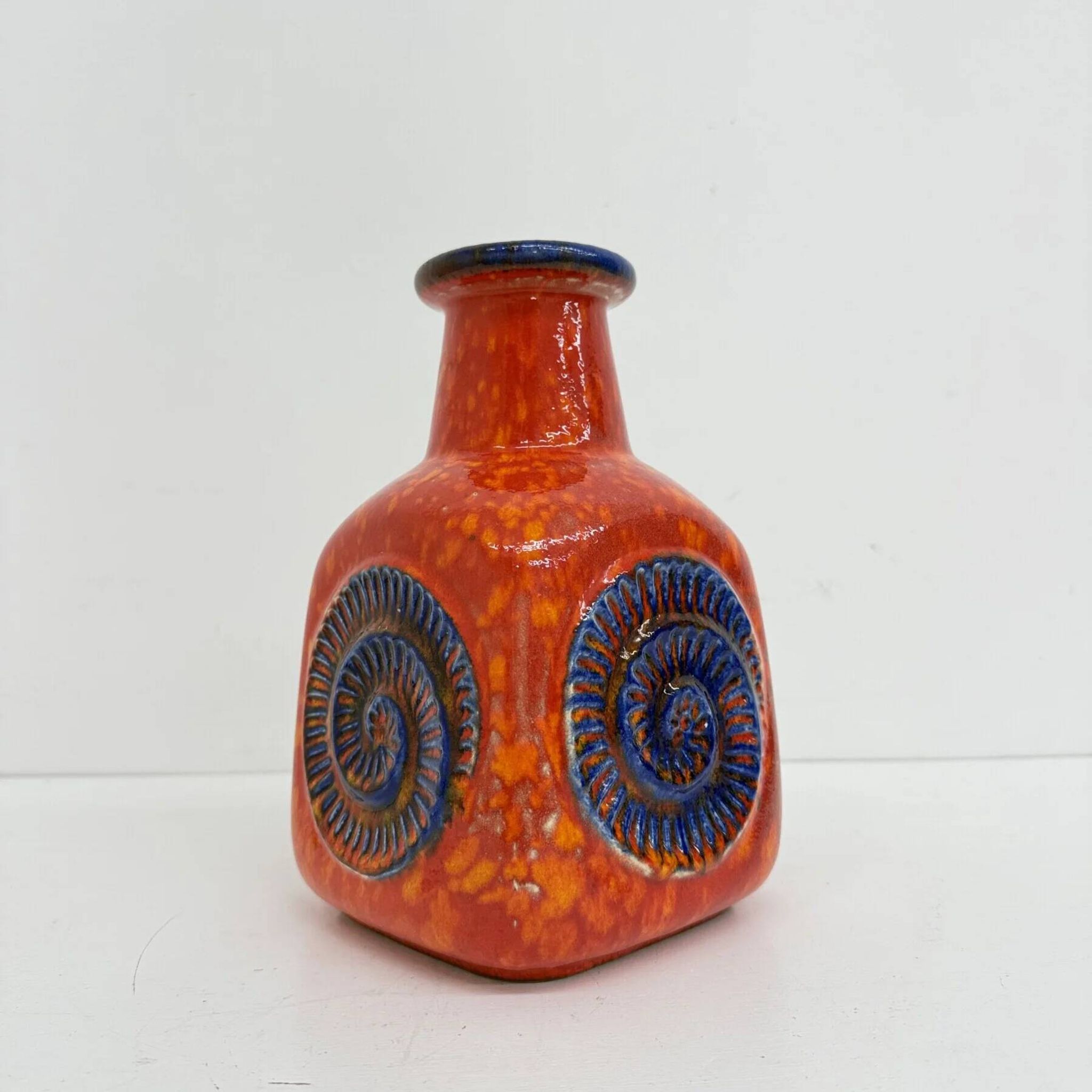 Scheurich West Germany Bay ceramic vase orange with blue fossils, 1970s