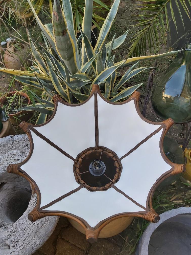 Scandinavian rattan hanging lamp, wood and vintage fabric