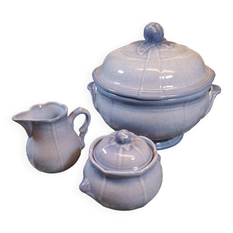 Service de table bleu pastel, soupière et petits pots en céramique, forme melon