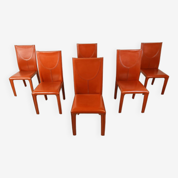 Red leather dining chairs by Arper italy, 1980s - set of 6