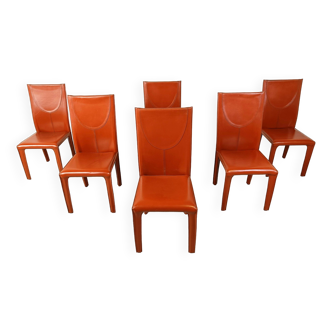 Red leather dining chairs by Arper italy, 1980s - set of 6