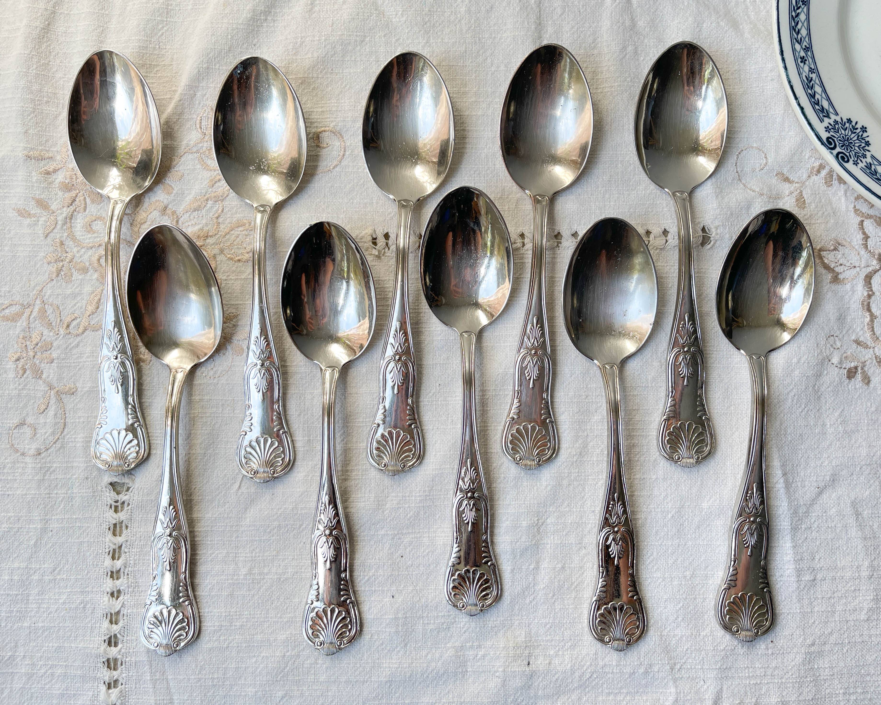 10 Vintage Rocaille Style Metal Soup Spoons