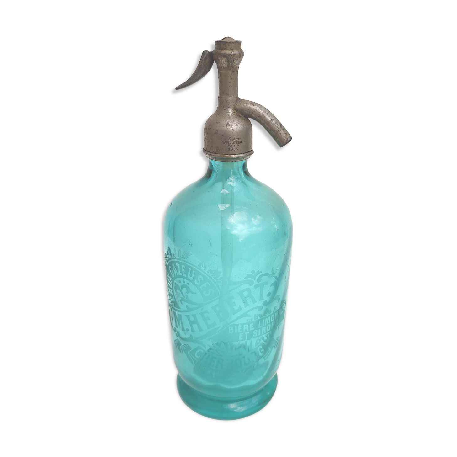 Siphon bistrot vintage Cherbourg verre turquoise 1935