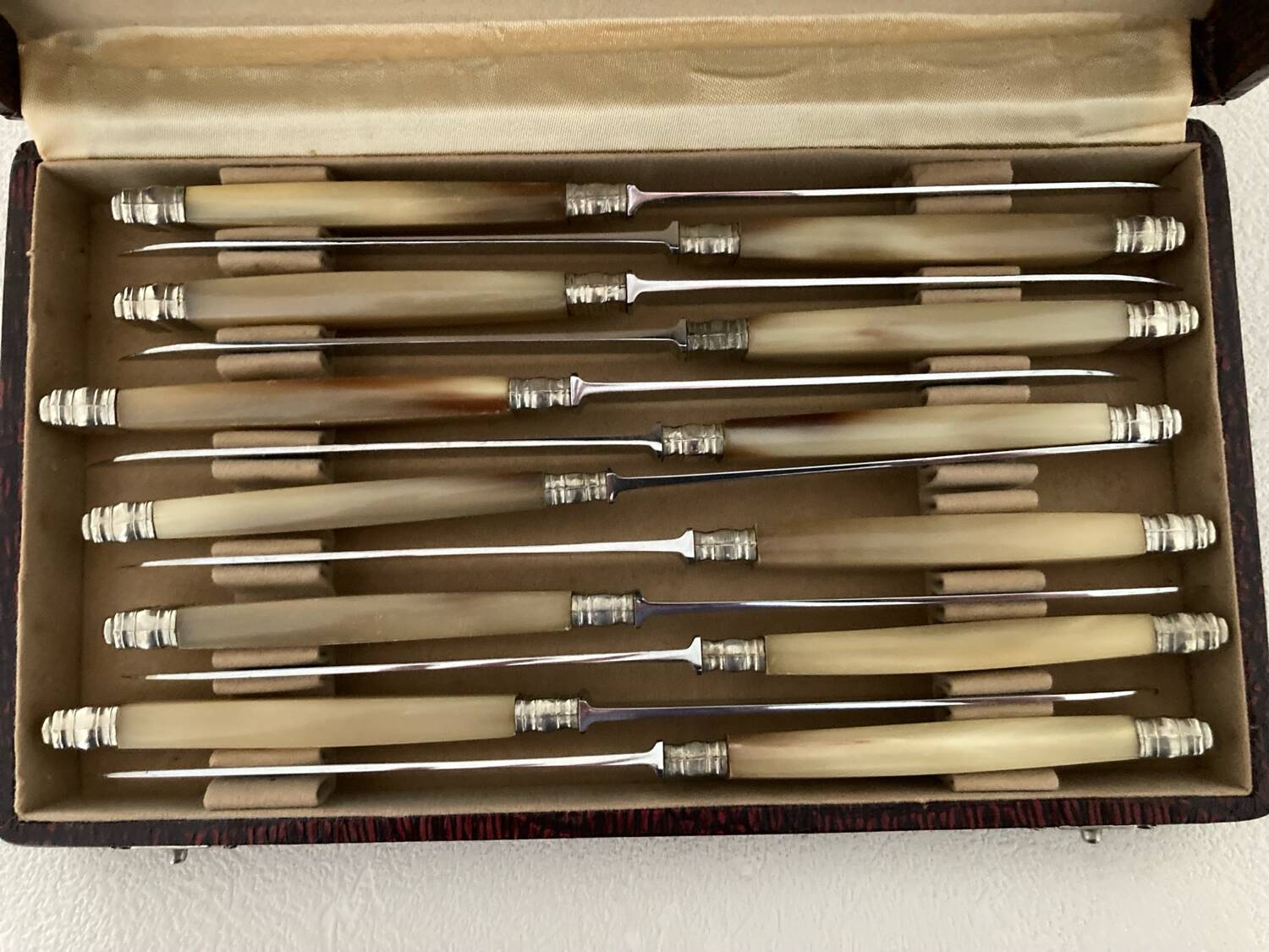 Complete Set of 12 Stainless Steel Cheese Knives with Bakelite Handles and Art Deco Ferrules