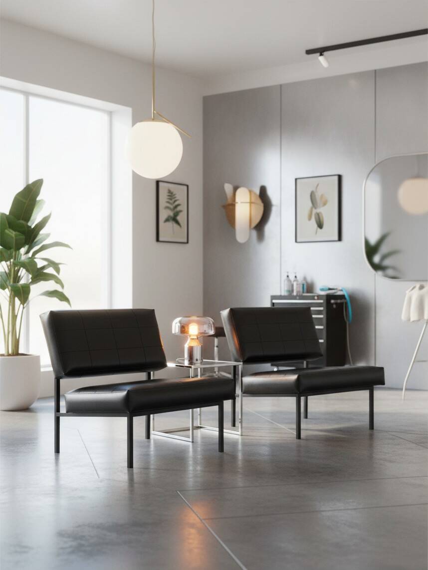 Modernist armchair in black faux leather and metal – 1960s