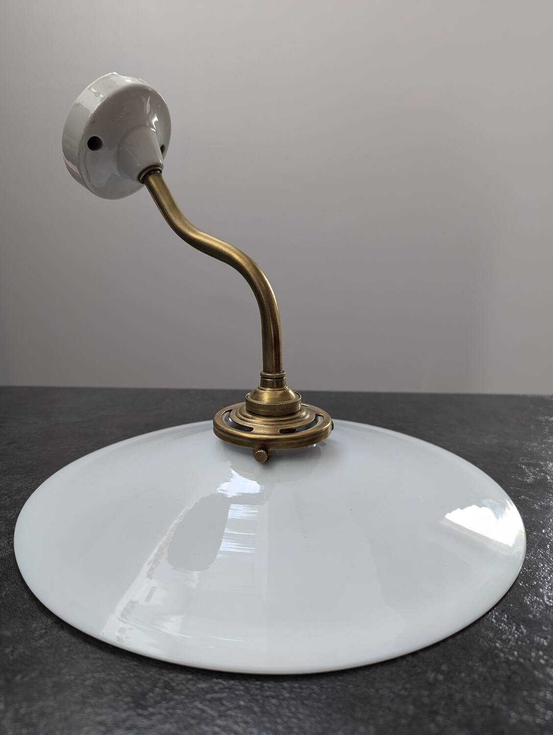 Antique smooth white opaline wall light with brass swan neck porcelain art deco 1930 diameter 25.9cm