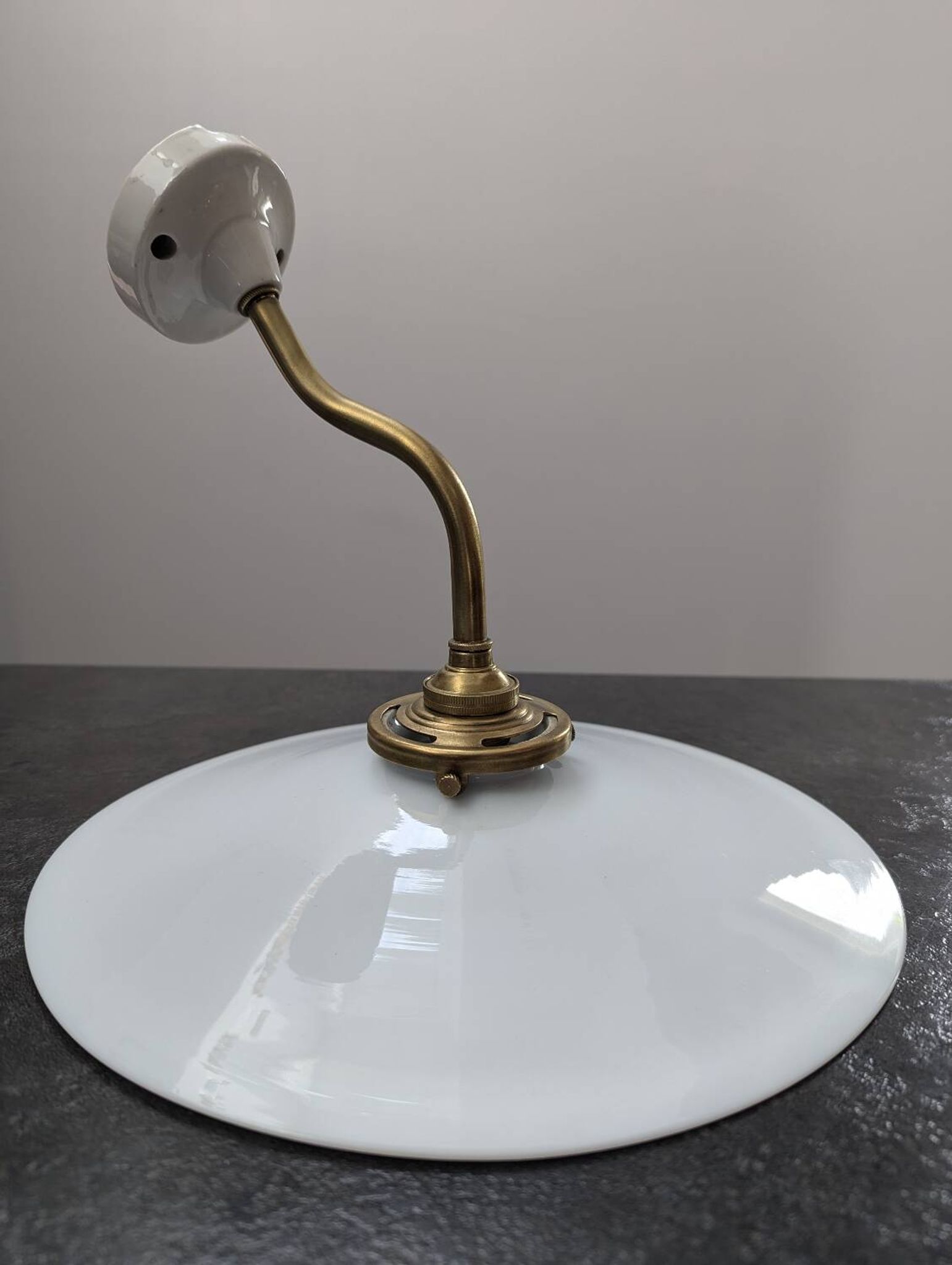 Antique smooth white opaline wall light with brass swan neck porcelain art deco 1930 diameter 25.9cm
