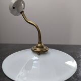 Antique smooth white opaline wall light with brass swan neck porcelain art deco 1930 diameter 25.9cm