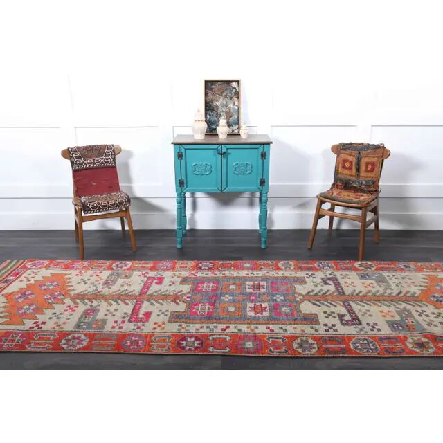 Vintage Turkish hand-knotted wool cotton beige runner rug  114x362