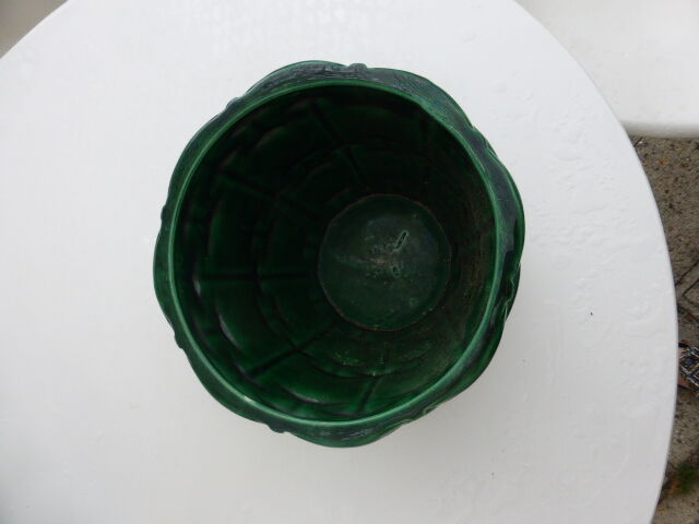 Green enamelled ceramic diramic pot cache signed b. Letalle, Saint Clement, France, numbered 4086.00, basket model, old