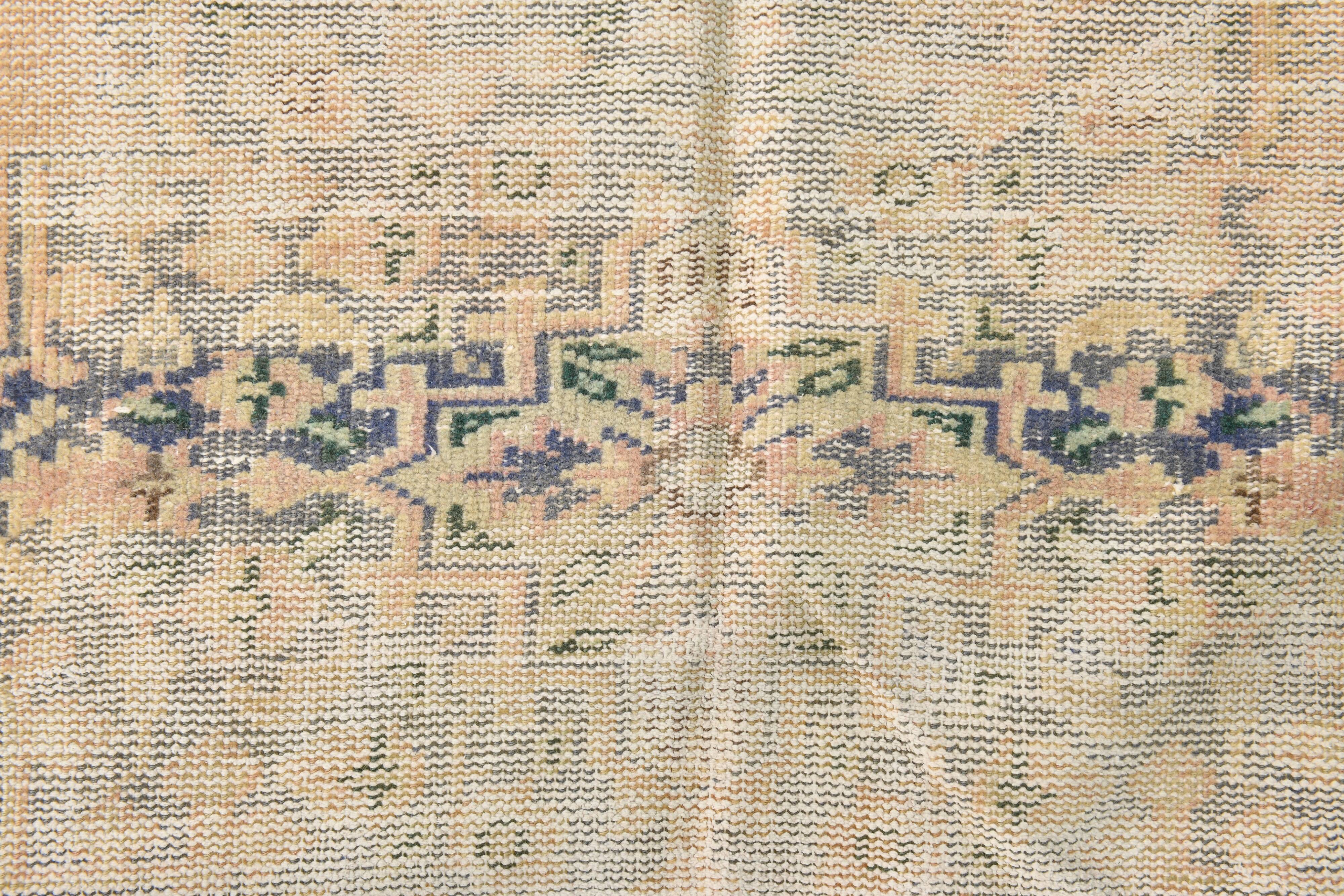 Grand Tapis Oushak Vintage, Laine Fait Main, Pêche et Bleu, 194x267 Cm