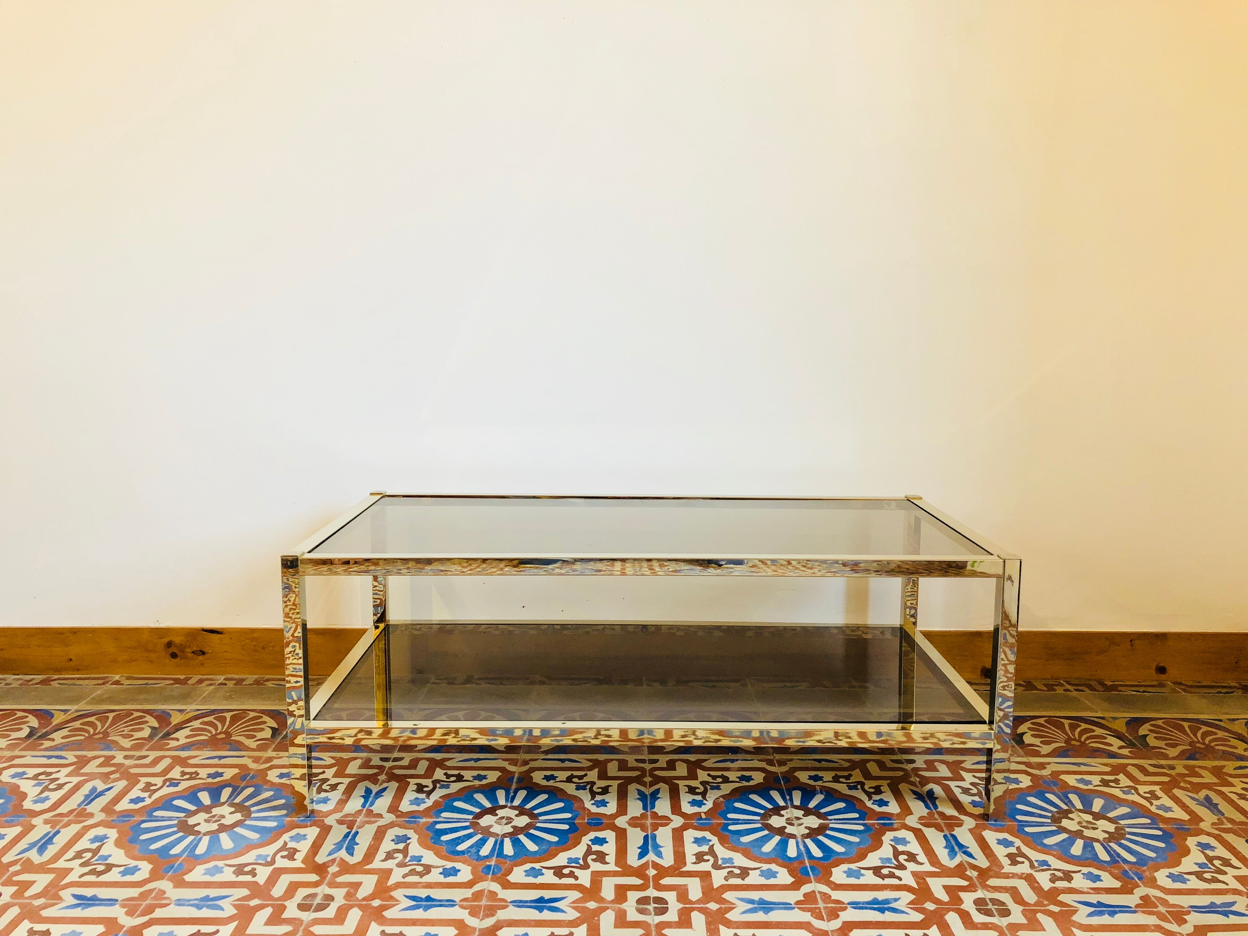 Table low brass and smoked glass 1950
