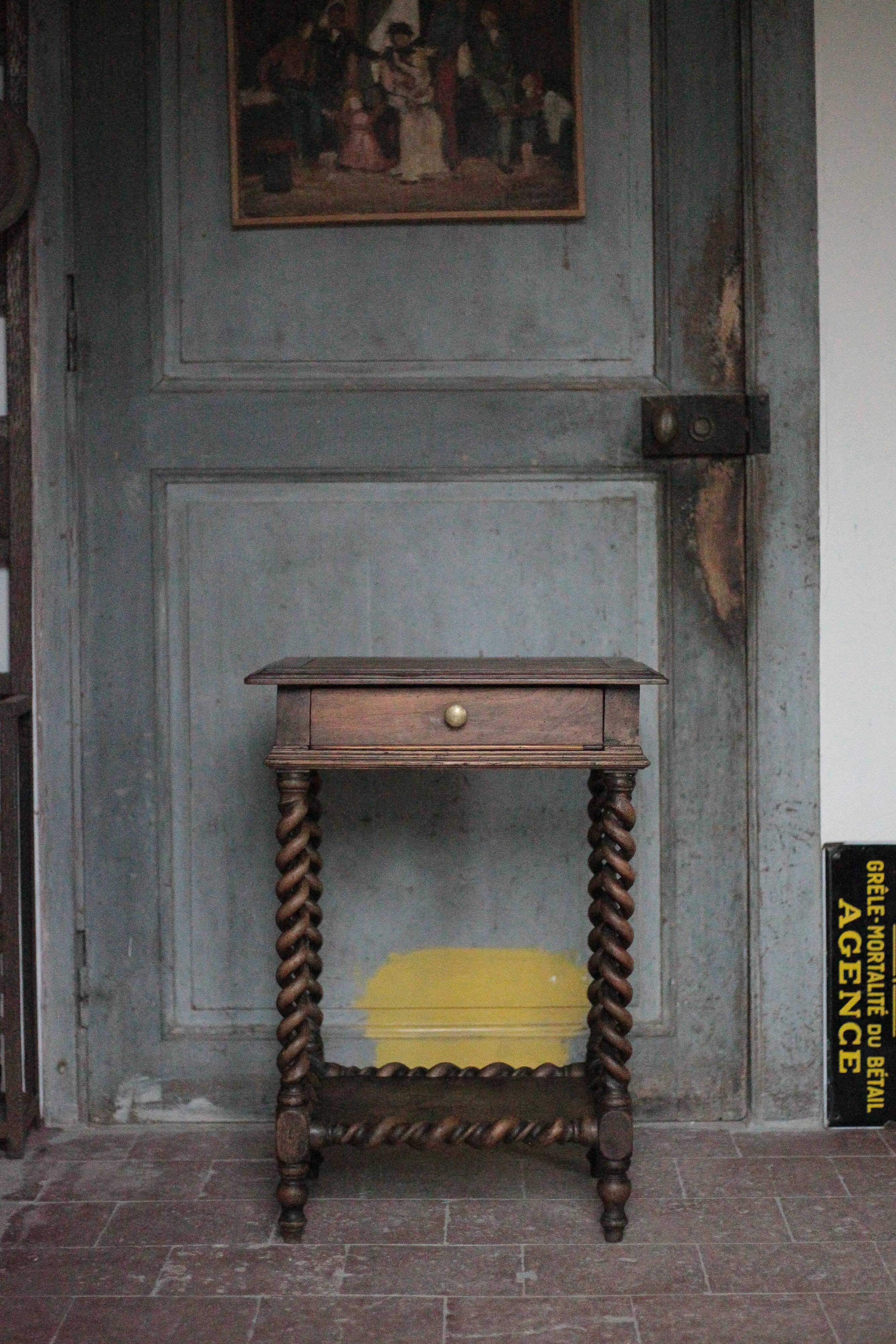 Antique turned wood bedside table with drawer, side table, nightstand