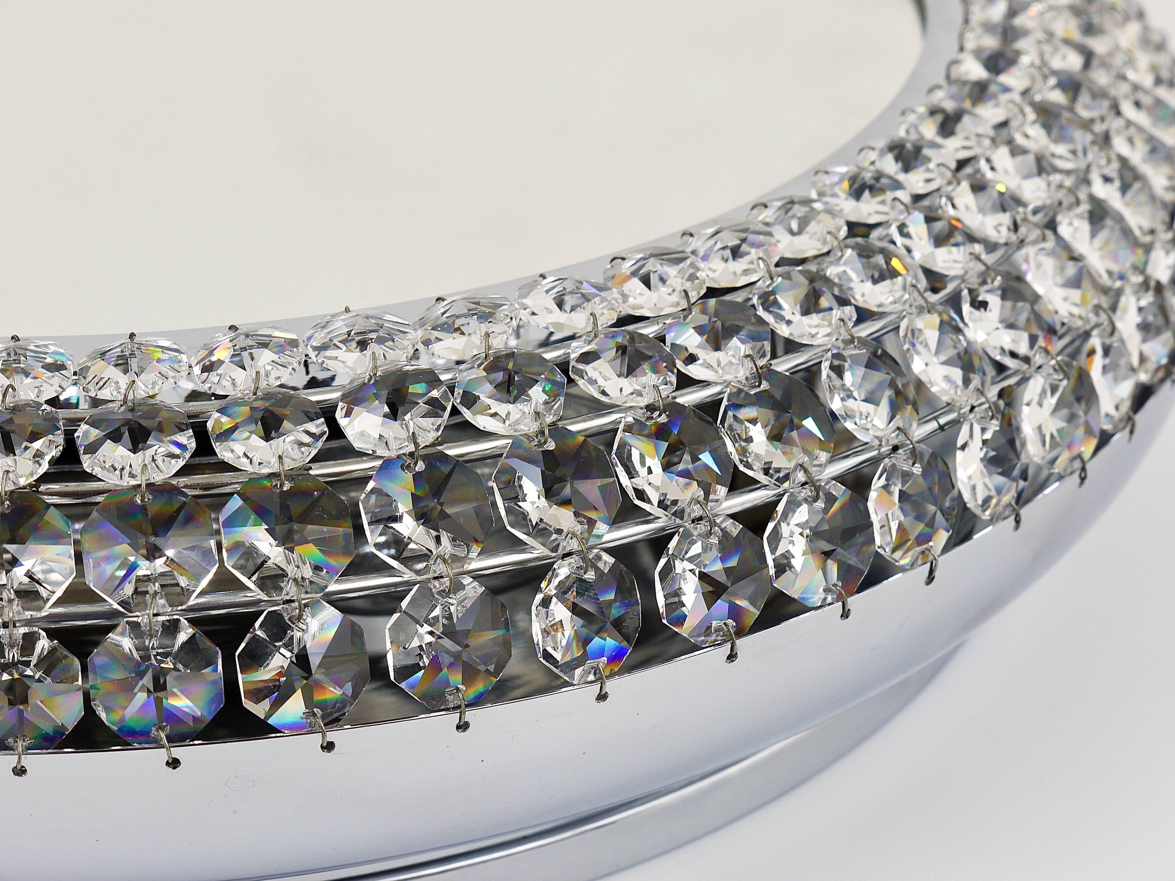 Round Wall Mirror in Bakalowits Style with Faceted Crystal & Chrome Lighting, 1960s