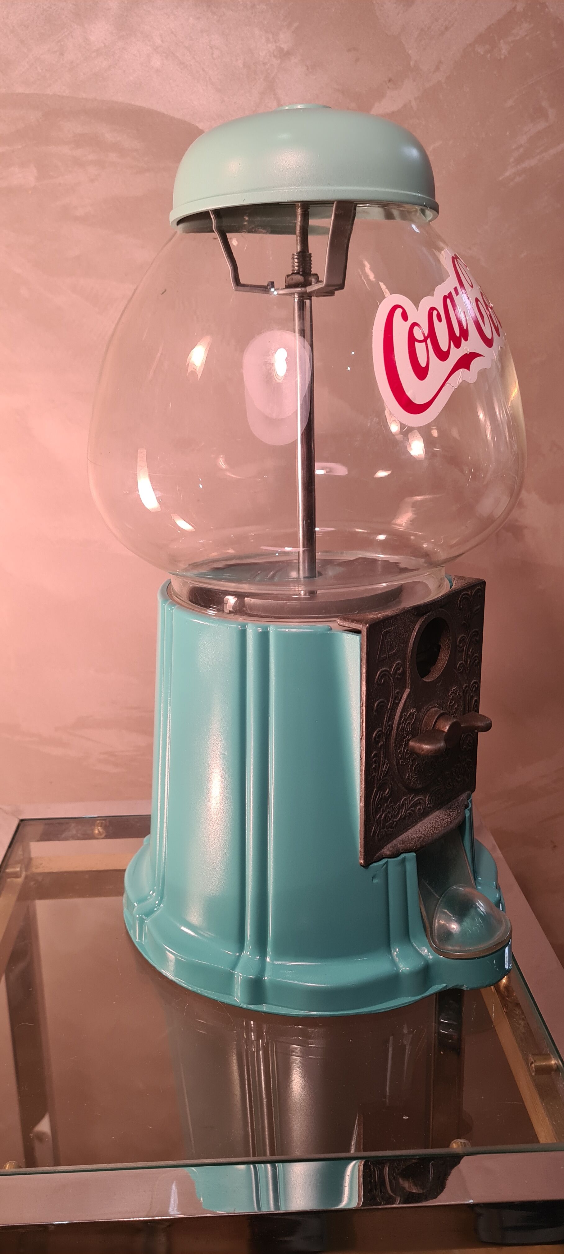 Candy, chewing gum, peanut glass and metal dispenser color 2 shades of turquoise 28x20