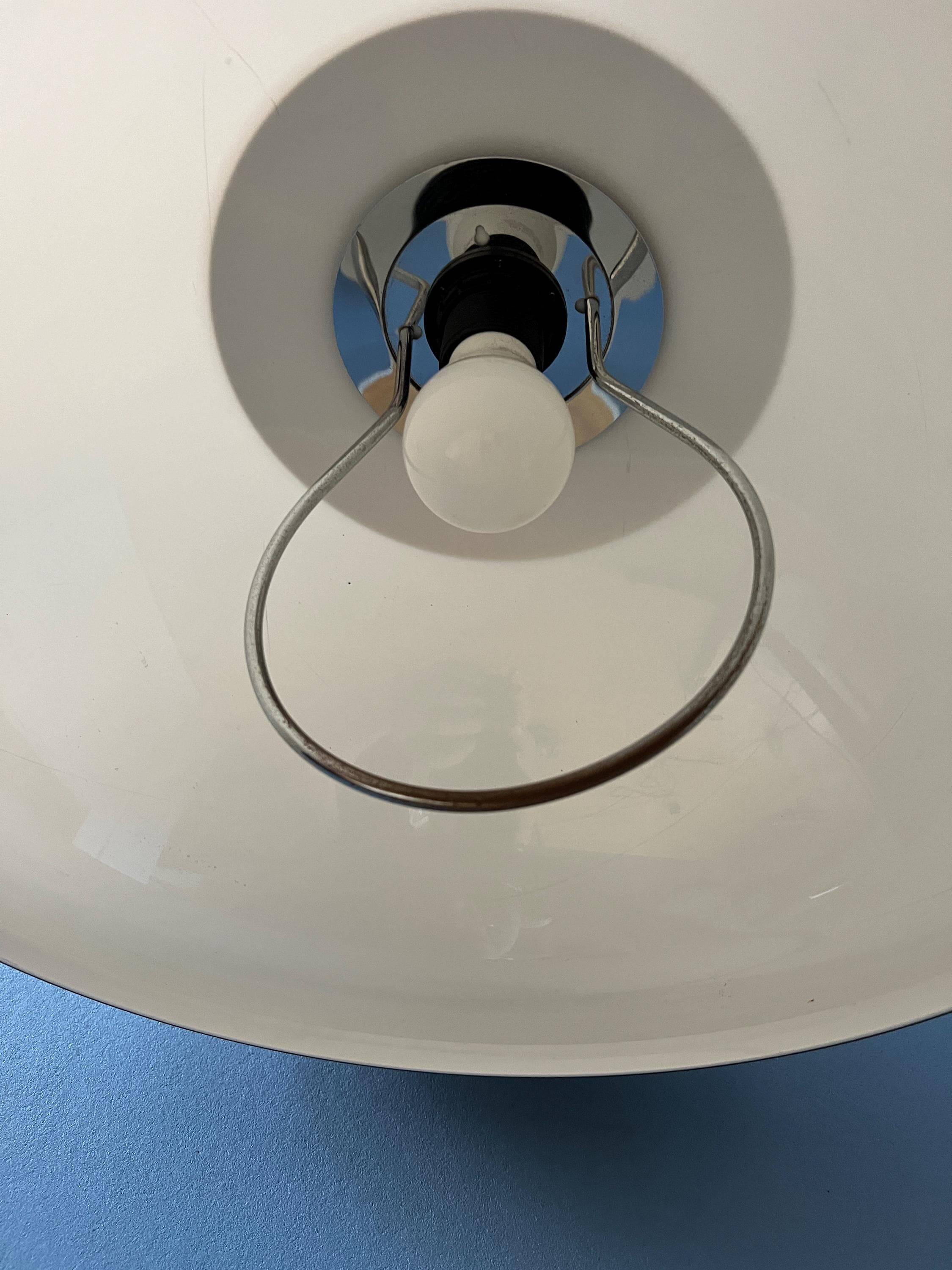 Beige acrylic glass mushroom pendant with a chrome top cap.