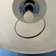 Beige acrylic glass mushroom pendant with a chrome top cap.