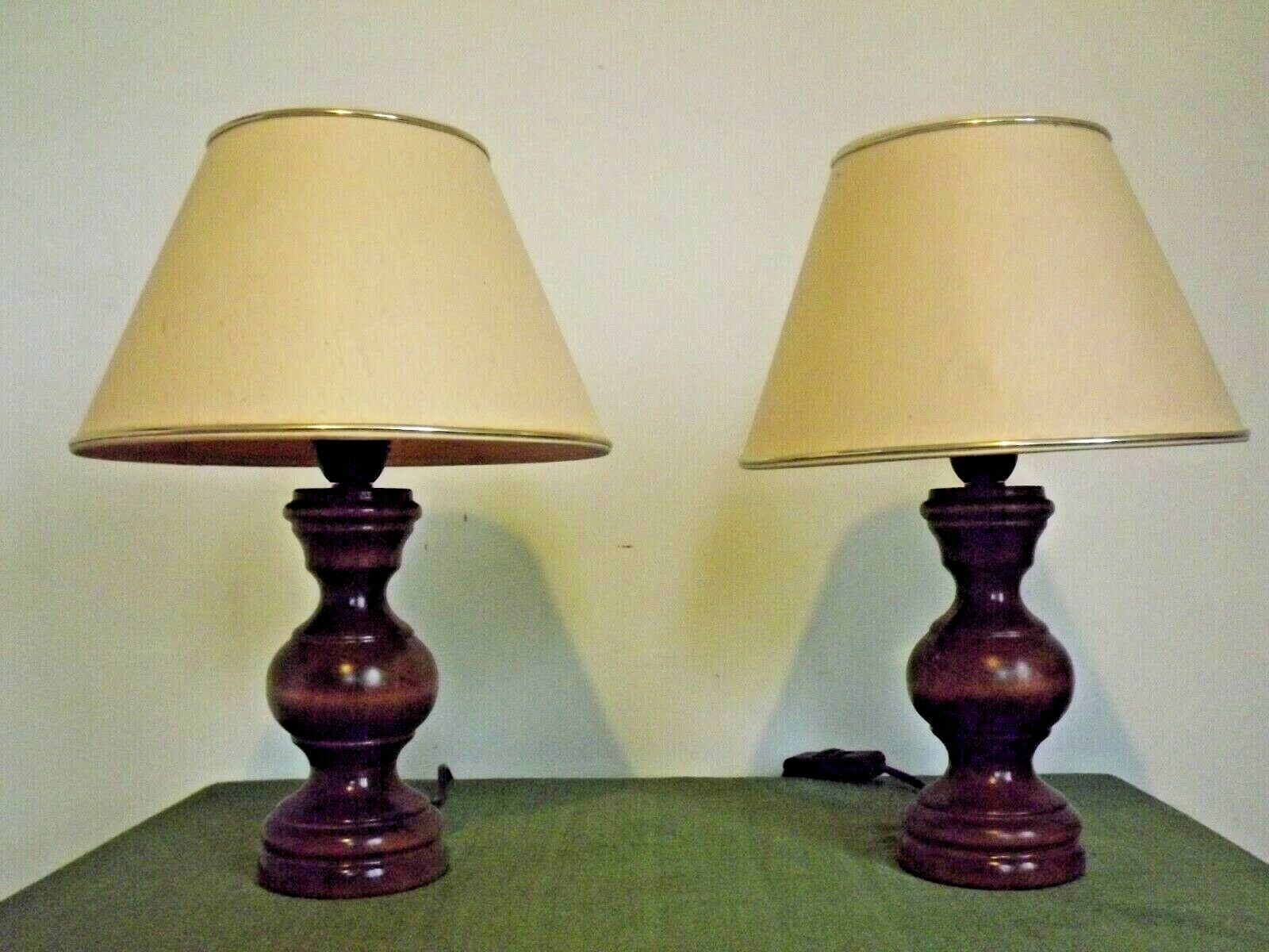 Pair French Mid Century Turned Wood Table Lamps With Beige & Gold Shades 3247