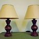 Pair French Mid Century Turned Wood Table Lamps With Beige & Gold Shades 3247