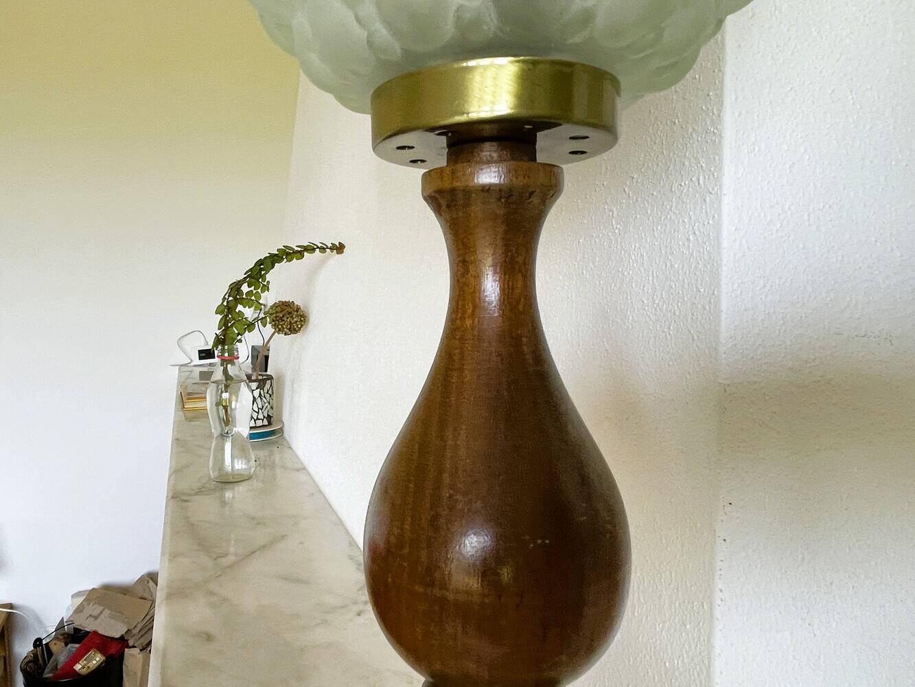 Large wood table lamp with frosted glass
