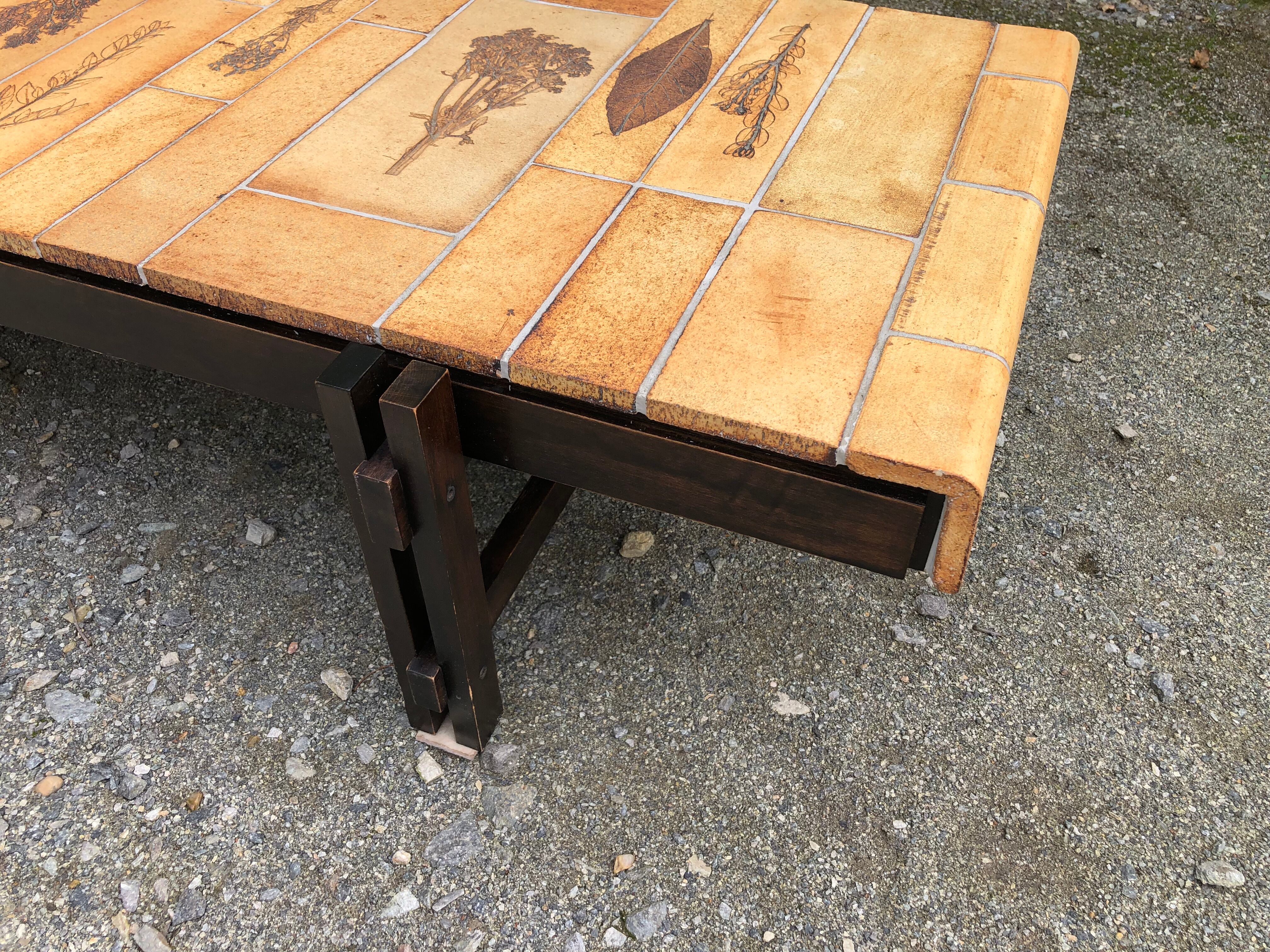 Vintage ceramic coffee table decorated with herbarium decoration Roger Capron