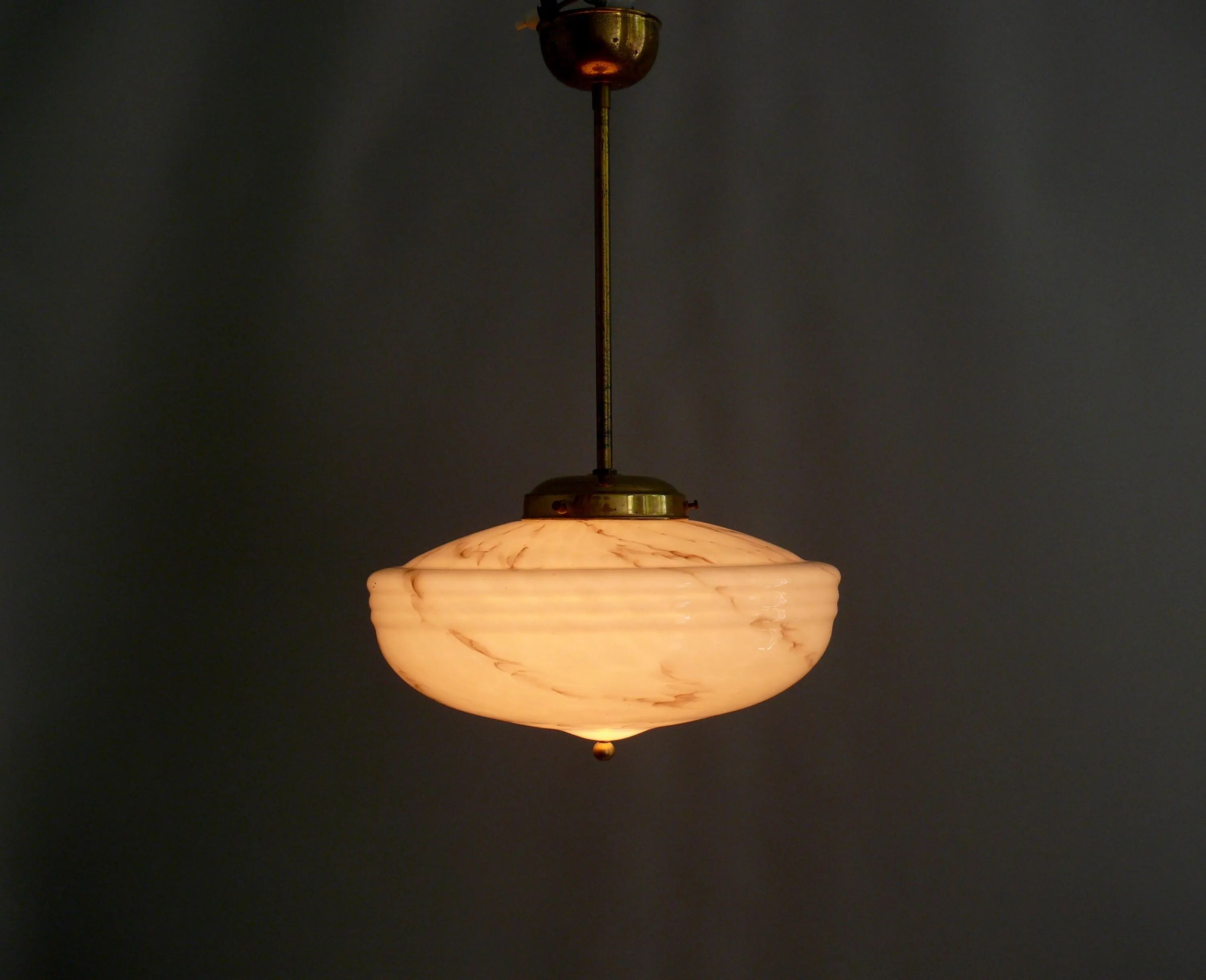 Art Deco Pendant Lamp, Beige Marble, Brass Suspension - 1930s