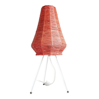 Table lamp with raffia shade on a tripod frame, mid-century lighting
