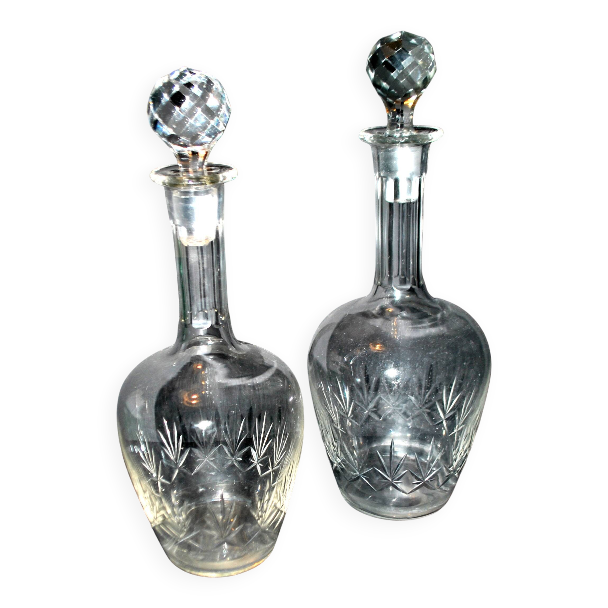 Set of 2 antique cut crystal wine decanters from Cristallerie Lorraine