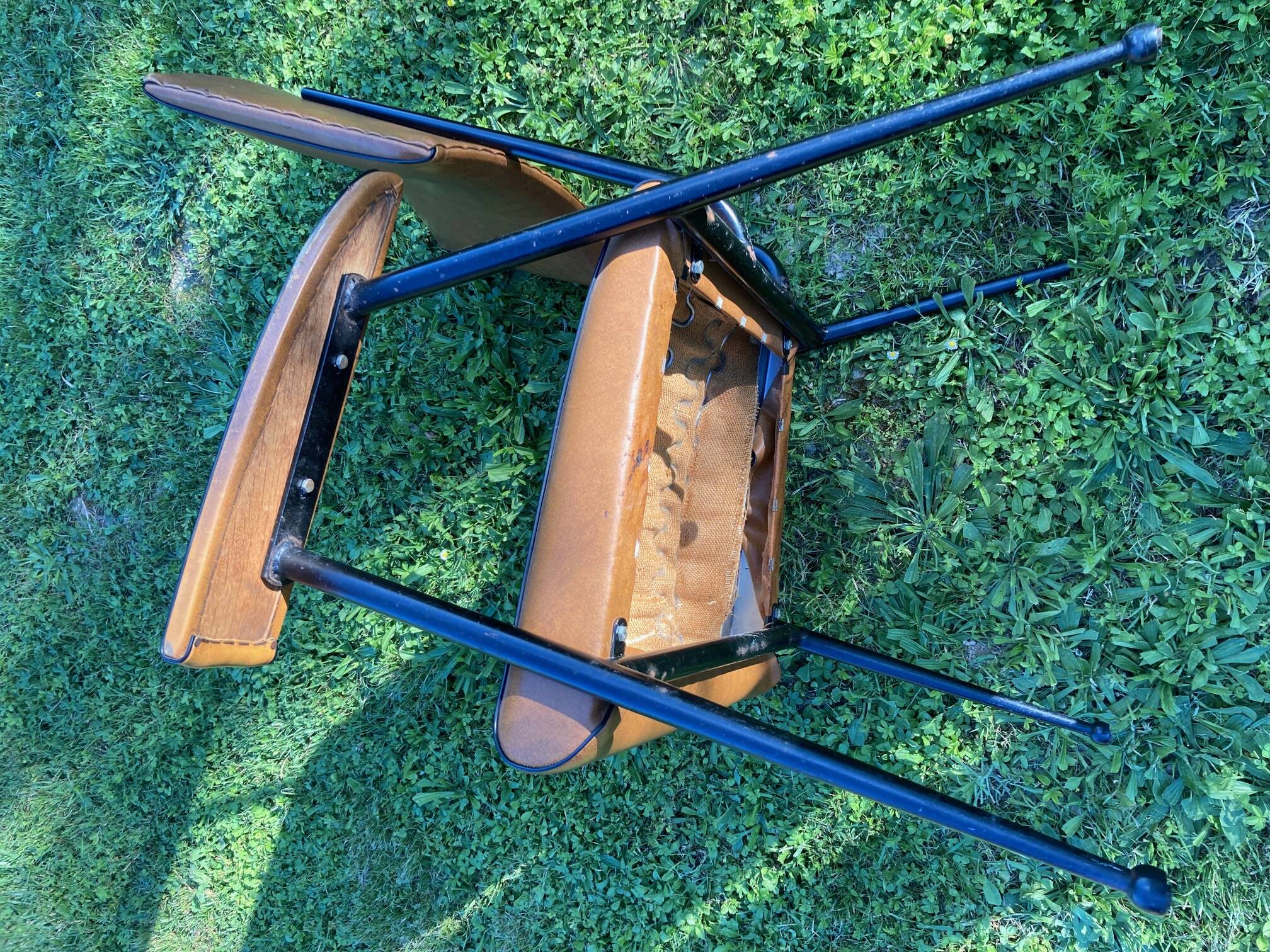 Rare light brown leatherette armchair, by "Colette Gueden", designer from the 50s